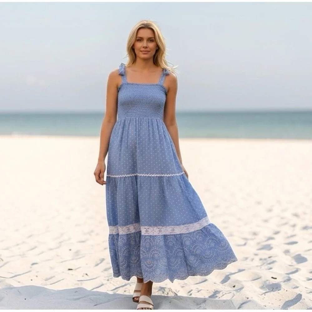 Shabby Chic Blue Striped Swiss Dot Eyelet Lace Midi Dress Size 12 NEW #13